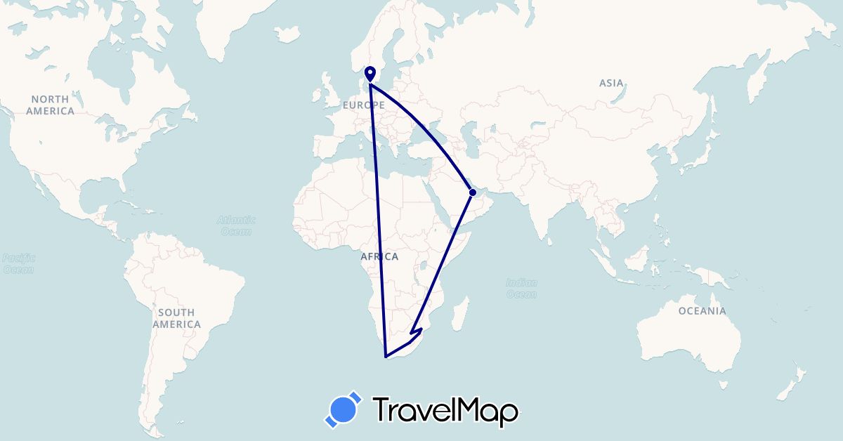 TravelMap itinerary: driving in Denmark, Lesotho, Qatar, Swaziland, South Africa (Africa, Asia, Europe)